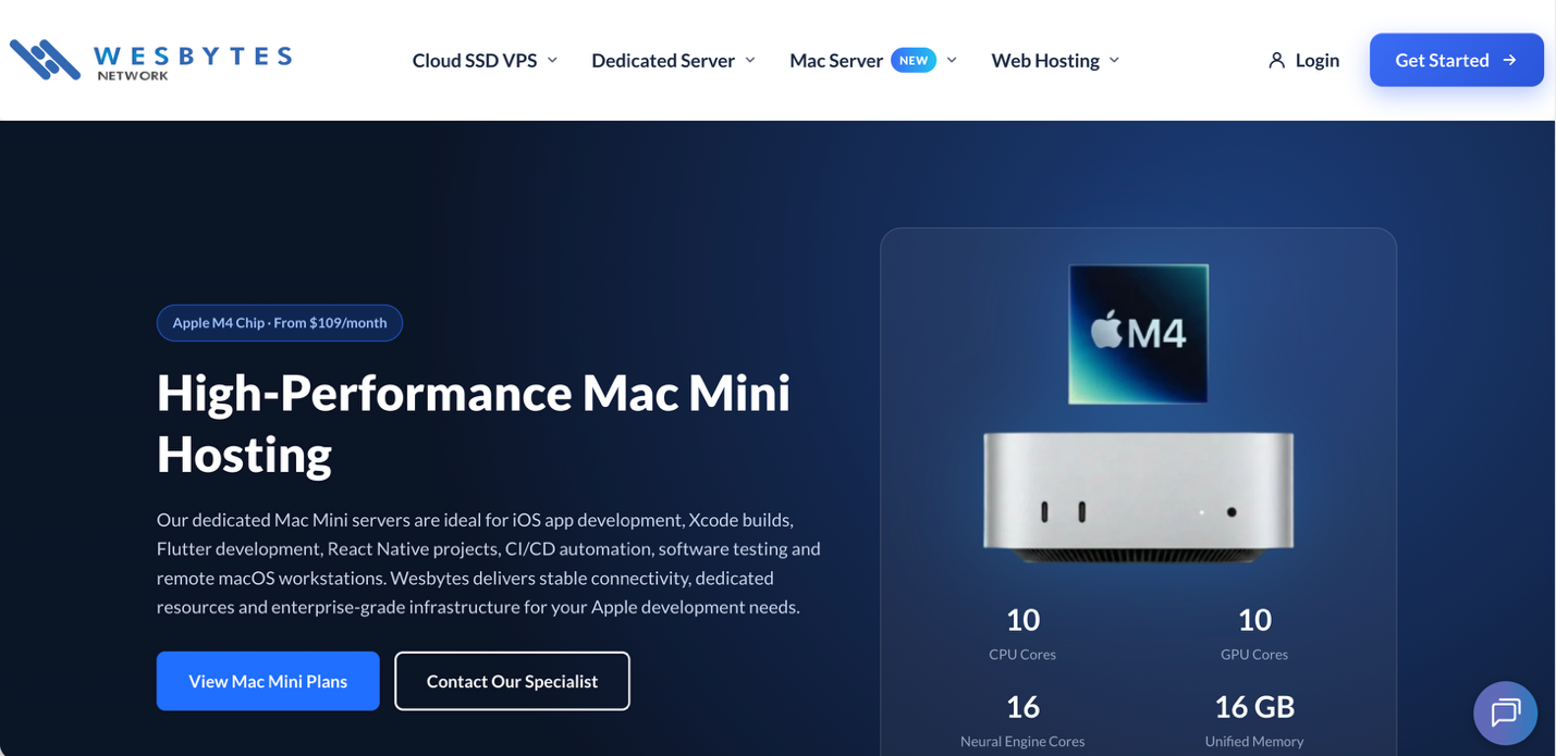 Wesbytes|马来西亚独服|Mac mini M4/M6|10核16G|256G SSD|不限流量|100Mbps|$109/月 Wesbytes|马来西亚独服|Mac mini M4/M6|10核16G|256G SSD|不限流量|100Mbps|$109/月